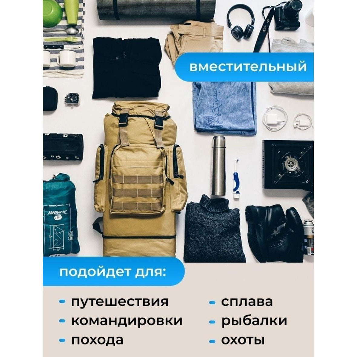 Collection of travel and outdoor gear including a backpack on a white background with text in Russian.