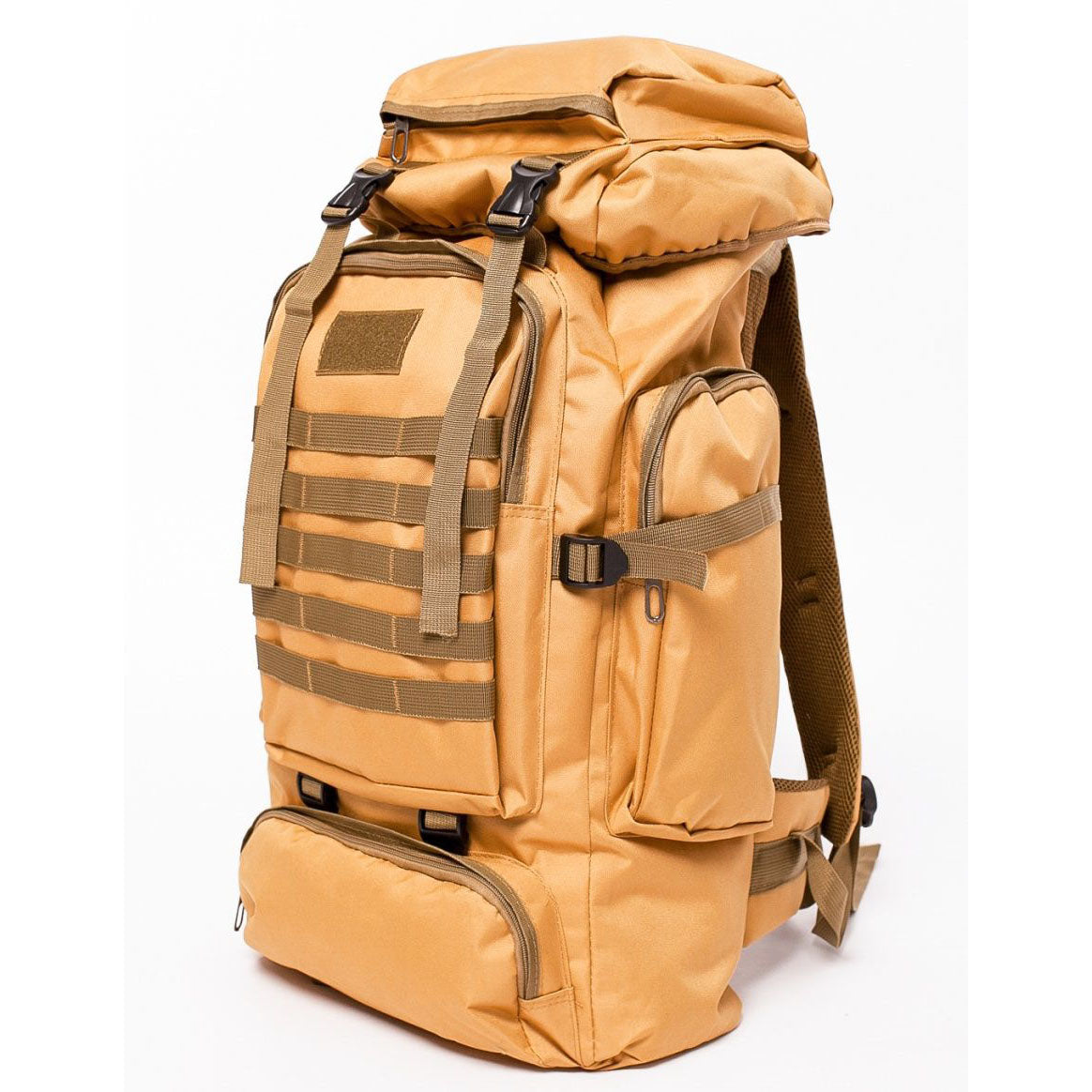 Tan backpack with multiple straps and compartments on a white background