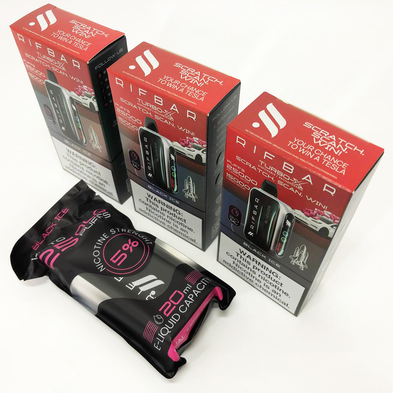 Rifbar vape device packaging with a black and pink e-liquid packet on a white background