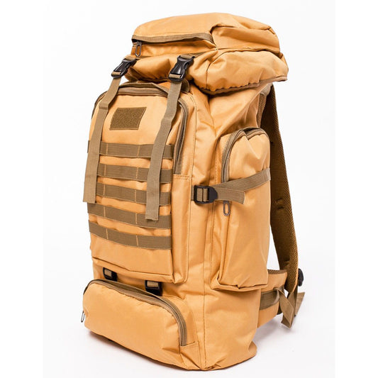 Tan backpack with multiple straps and compartments on a white background