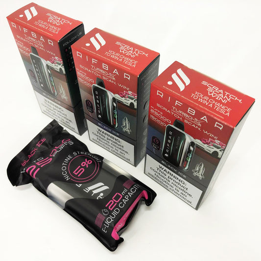 Rifbar vape device packaging with a black and pink e-liquid packet on a white background
